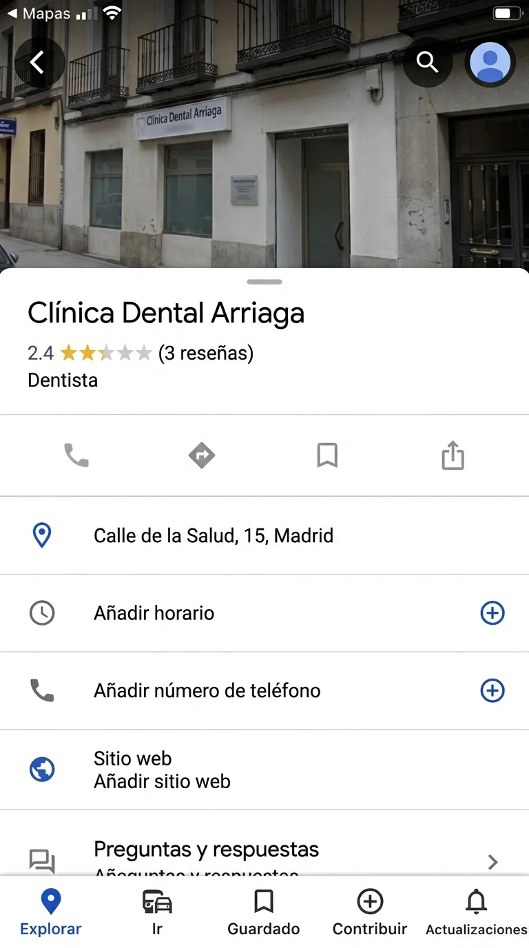 Ficha de Google Business Profile descuidada de una clínica dental local, con poca actividad y señales de baja confianza