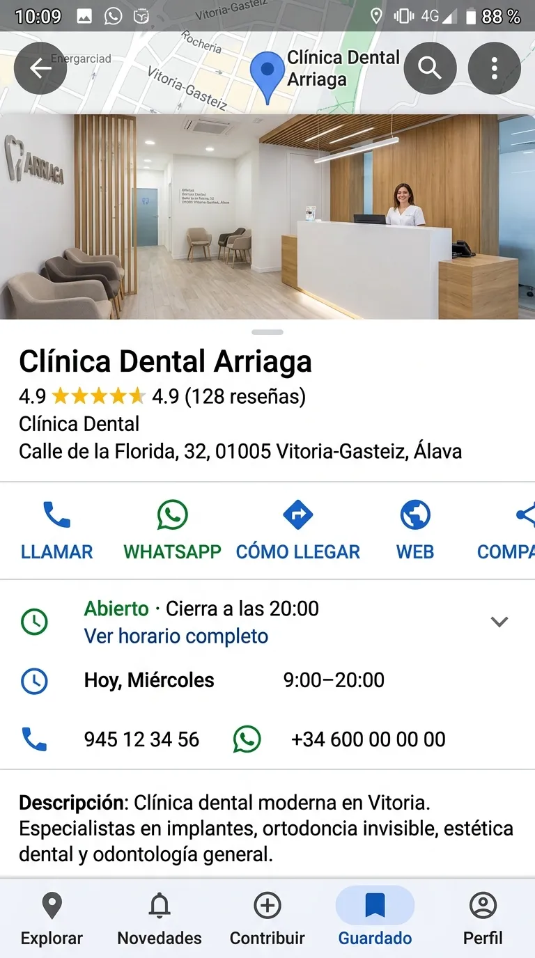 Ficha de Google Business Profile optimizada de una clínica dental local, con reseñas, fotos, servicios claros y botones de contacto visibles